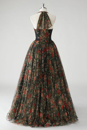Une ligne Floral Imprimé Dos Nu Robe d’invitée de mariée vert foncé